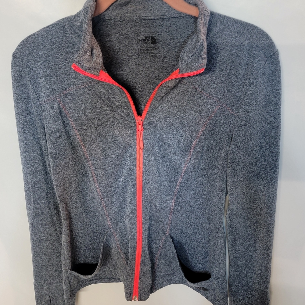 The North Face Gray Zip Up Jacket with Red Accents